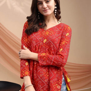 Women Bandhani Print Peplum Kurti With Tassles and Kodi